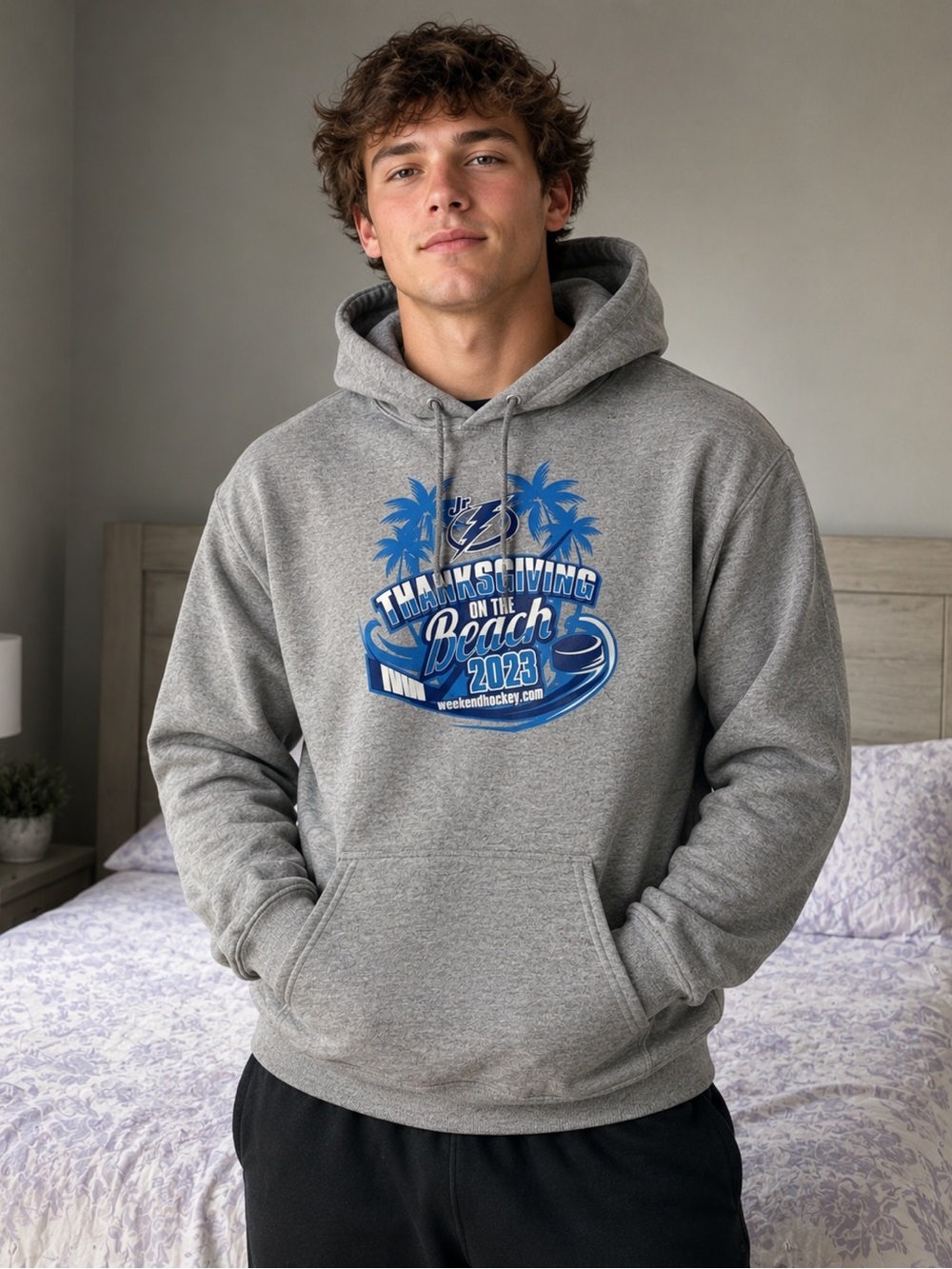 Jerzees Gray Hoodie with Blue Thanksgiving on the Beach 2023 Hockey Tournament